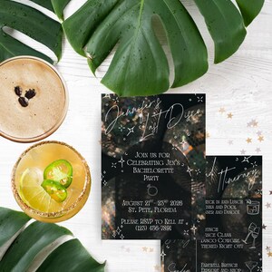 May include: A bachelorette party invitation with a cocktail and a drink with lime and jalapeño. The invitation includes the text "Jennifer's Last Disco" and event details. Green tropical leaves and gold star confetti surround the invitation.