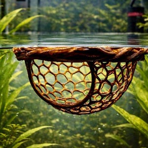 May include: A brown, circular, wooden-framed landing net with a wide, open-weave mesh basket floating partially submerged in clear water. The frame has a textured, natural wood grain appearance, and the mesh forms a deep, rounded basin.