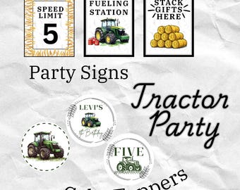 Puede incluir: Una colección de artículos para fiestas con temática de tractor. Incluye letreros con los textos "Speed Limit 5", "Fueling Station" y "Stack Gifts Here". También, adornos para pasteles con ilustraciones de tractores y los textos "Levi's 5th Birthday" y "FIVE".
