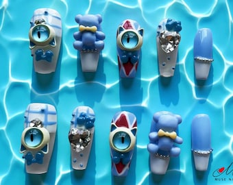 3D Kawaii Press-On Nails: Blue Teddy Bear & Cat Eye Design