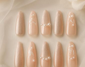 Mermaid Perle Press-On Nägel: Katzenauge Chrom, handgefertigt im japanischen Stil