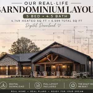 Puede incluir: Representación arquitectónica de una granja moderna, titulada "Our Real-Life Barndominium Layout". El diseño presenta una casa de 5 dormitorios, 4,5 baños con 385.44 m² calefactados y 613.08 m² en total. La imagen incluye una opción de descarga digital.