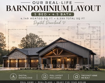 Real Barndominium Floor Plan | 5 Bedroom 4.5 Bath Layout | Modern Farmhouse Barndo House Plan | Garage Included | Digital Download