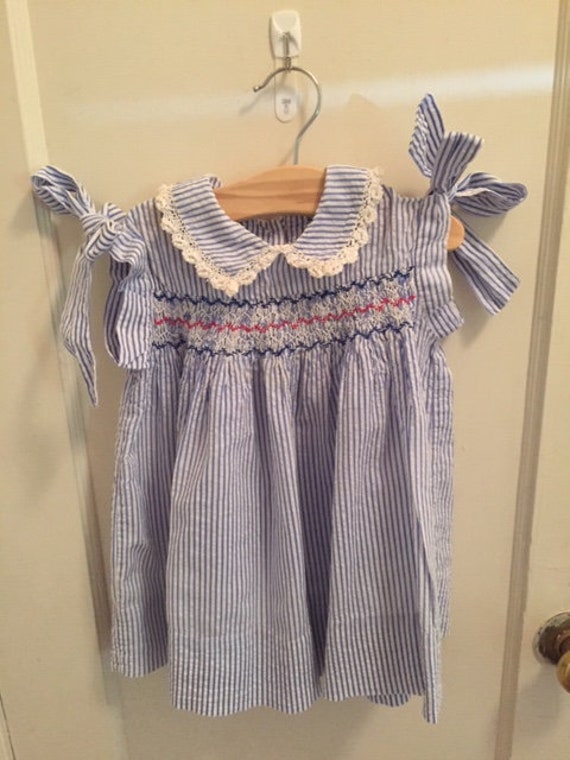 Vintage 1950s Blue Striped Seersucker Baby Dress … - image 1