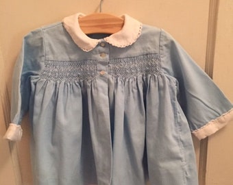 Vintage 1950s Blue Corduroy Baby Dress / Coat w/ Smocking White Cuffs and Collar