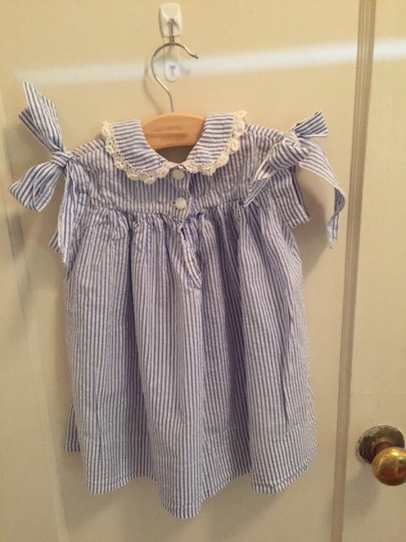 Vintage 1950s Blue Striped Seersucker Baby Dress … - image 3
