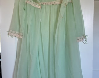 Vintage Evette Nightgown & Robe Set Peignoir Lingerie Mint Green with Lace 50s 60s Large Baby Doll