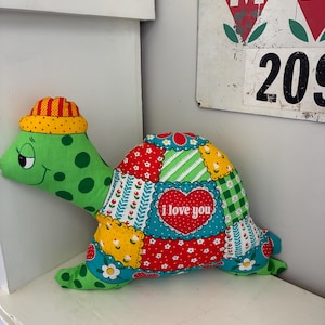 1970s Patchwork Turtle Fabric Panel Stuffy Groovy I LOVE YOU Colorful