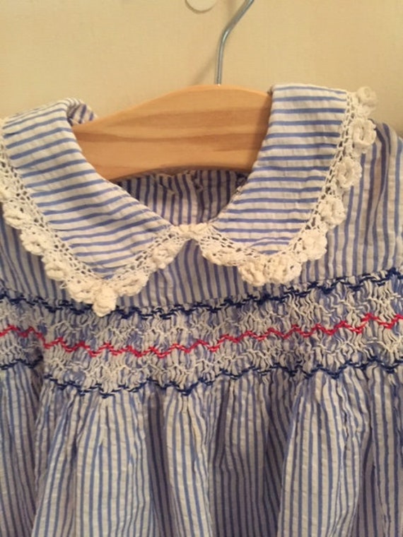 Vintage 1950s Blue Striped Seersucker Baby Dress … - image 2