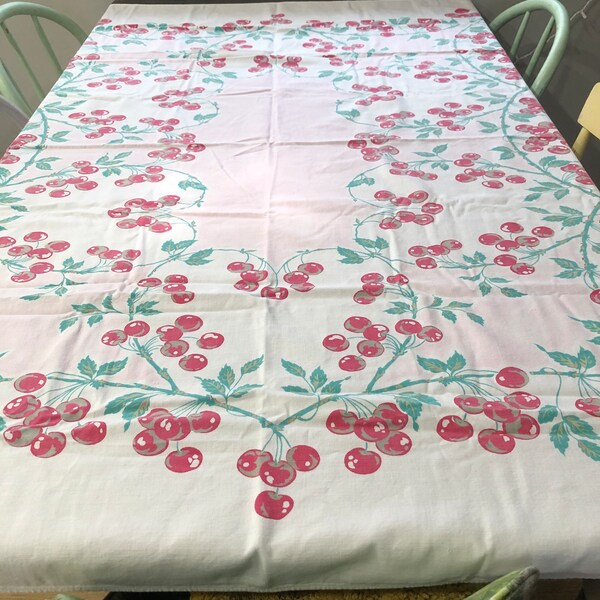 Vintage 1950s Cherries Tablecloth Pink Red Green