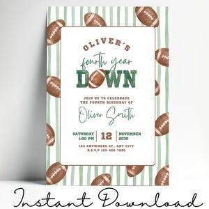 May include: A rectangular birthday invitation card featuring a light green and white striped background with brown football illustrations. The text reads: Oliver's fourth year down, join us to celebrate the fourth birthday of Oliver Smith, Saturday 12 November 2030, 1:00 PM, 123 Anywhere St., Any City, R.S.V.P 123-456-7890.