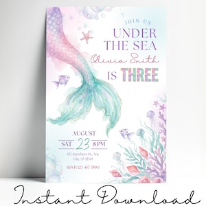 Under the sea 3rd birthday invitation shown as an instant download template with watercolor mermaid tail artwork, pastel ocean animals, starfish, coral, bubbles, and editable party text for a girl turning three.