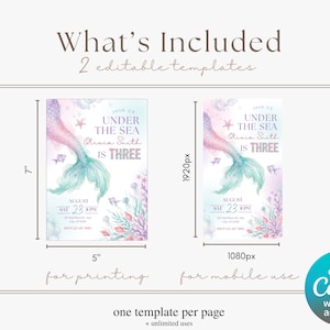 Under the sea birthday invitation bundle showing two editable Canva templates included: a 5x7 printable third birthday invite and a 1920x1080 mobile invitation for digital sending.
