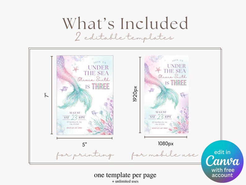 Under the sea birthday invitation bundle showing two editable Canva templates included: a 5x7 printable third birthday invite and a 1920x1080 mobile invitation for digital sending.