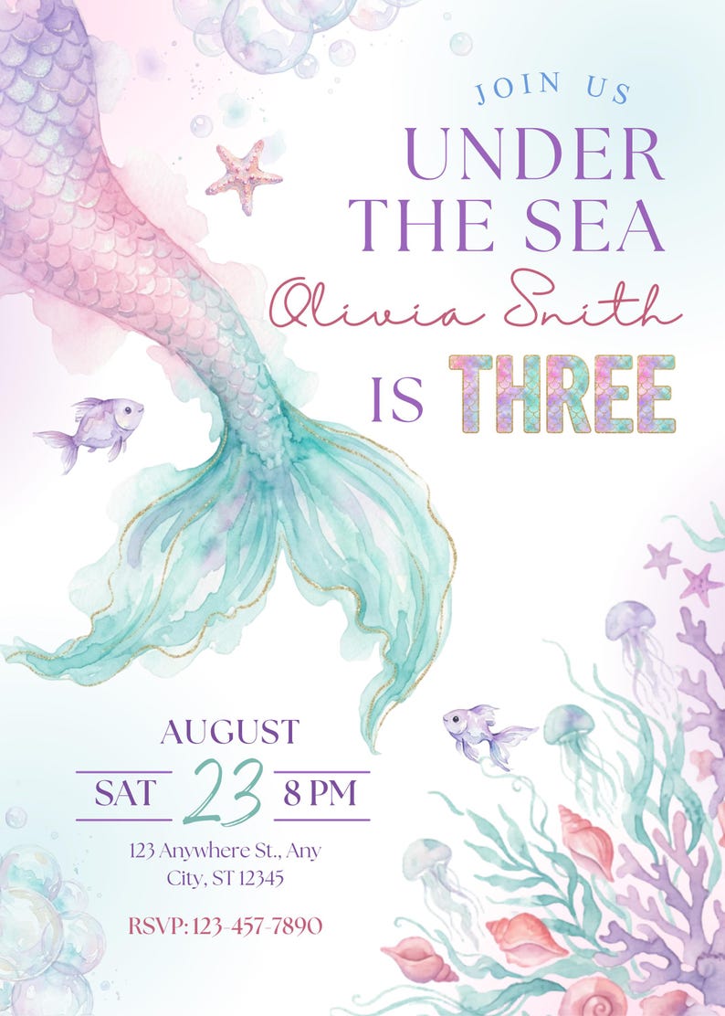 Mermaid 3rd birthday invitation close-up with watercolor mermaid tail, pastel purple and teal ocean colors, fish, jellyfish, coral, seashells, bubbles, and editable party information.