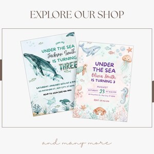 Under the sea birthday invitation shop preview featuring more ocean party designs with watercolor whales, sea animals, jellyfish, seahorses, starfish, coral, bubbles, and mermaid-inspired birthday themes.