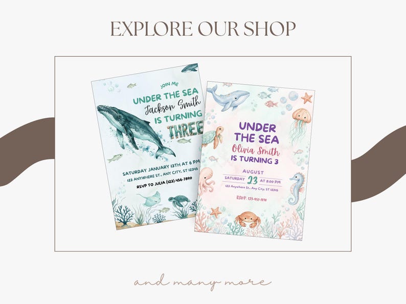 Under the sea birthday invitation shop preview featuring more ocean party designs with watercolor whales, sea animals, jellyfish, seahorses, starfish, coral, bubbles, and mermaid-inspired birthday themes.