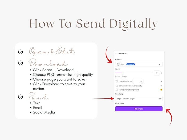 Mobile mermaid birthday invitation instructions showing how to save the editable Canva template as a PNG and send the finished digital invite by text, email, or social media.