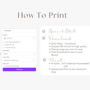 Printable under the sea birthday invitation instructions showing Canva PDF print settings for saving a 5x7 invite and printing at home or through a local print shop.