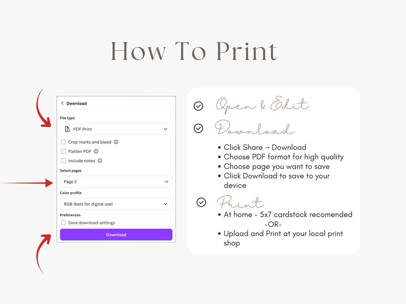 Printable under the sea birthday invitation instructions showing Canva PDF print settings for saving a 5x7 invite and printing at home or through a local print shop.