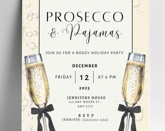 Bewerkbare canva-sjabloon voor prosecco en pyjama's kerstfeestuitnodiging