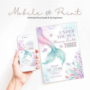 Mermaid 3rd birthday invitation preview shown in mobile and printable formats, featuring a pastel under the sea design with watercolor mermaid tail, fish, coral, bubbles, and third birthday party details.
