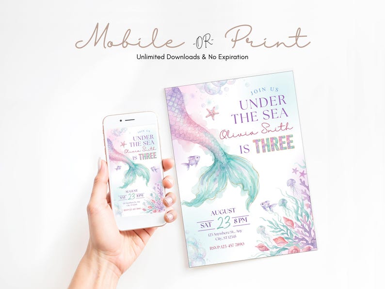Mermaid 3rd birthday invitation preview shown in mobile and printable formats, featuring a pastel under the sea design with watercolor mermaid tail, fish, coral, bubbles, and third birthday party details.