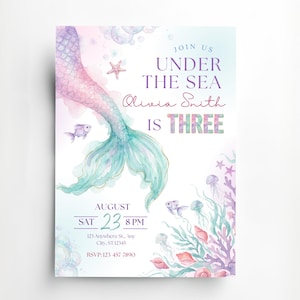 Printable mermaid birthday invitation mockup featuring a pastel watercolor mermaid tail, under the sea wording, fish, jellyfish, coral, seashells, and editable Canva birthday details.