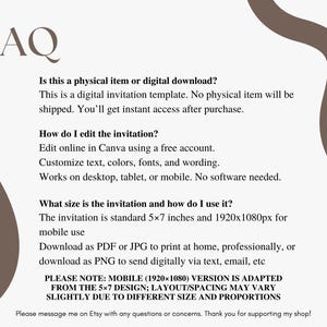 Digital mermaid birthday invitation FAQ explaining that this is an instant download Canva template with no physical item shipped, including printable 5x7 and mobile invite sizes.
