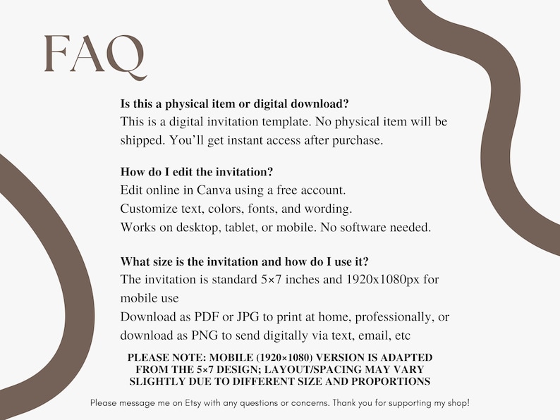Digital mermaid birthday invitation FAQ explaining that this is an instant download Canva template with no physical item shipped, including printable 5x7 and mobile invite sizes.