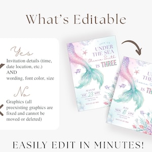 Editable under the sea Canva invitation template showing customizable wording, font color, font size, date, time, location, and party details with fixed mermaid tail and ocean graphics.