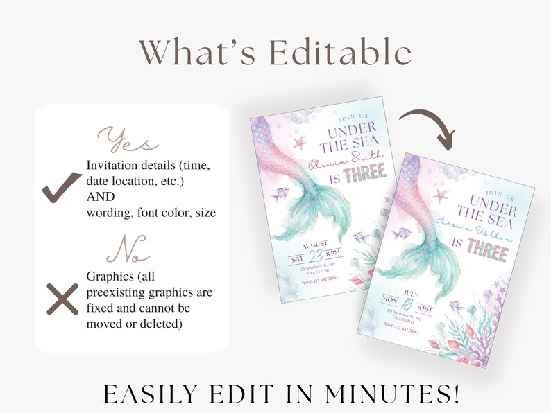 Editable under the sea Canva invitation template showing customizable wording, font color, font size, date, time, location, and party details with fixed mermaid tail and ocean graphics.