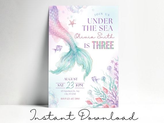 Mermaid Third Birthday Invitation, Under the Sea Invite Girl Turning Three, Editable Digital Download