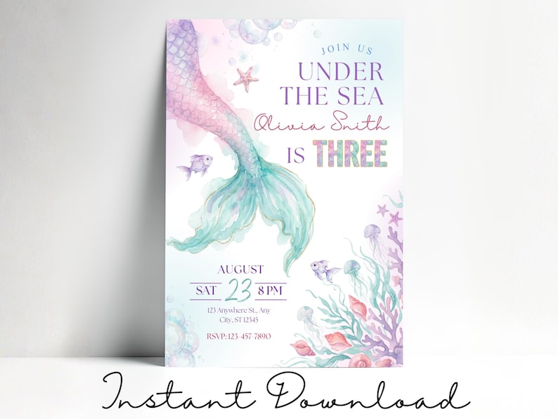 Under the sea 3rd birthday invitation shown as an instant download template with watercolor mermaid tail artwork, pastel ocean animals, starfish, coral, bubbles, and editable party text for a girl turning three.