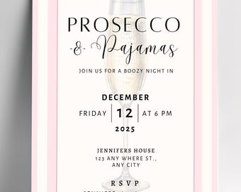 Editable Prosecco and Pajamas Invitation, Chic Girls Night Party Invite, Canva Template