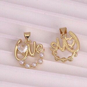 2 colgantes de amor, oro de 18 quilates, circonita y perla, dijes de letras, dijes de letras DIY, accesorios de joyería hechos a mano, regalo para ella