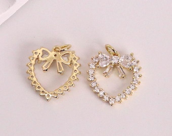 2pcs Dainty Heart Charms,18K Gold Zircon Hollow Heart Bow Pendant,Heart Bow Tie Charm Bracelet Necklace for DIY Jewelry Making