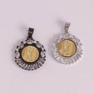 2pcs Round Virgin Mary Pendant,Catholic Medal,Zircon Blessed Mary Medal Charm,Religious Gift Pendant,DIY Necklace Bracelet Jewelry Findings