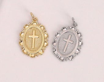 2pcs 18K Gold Oval Cross Pendant,Cross Charm,Oval Cross Charm Bracelet Necklace for DIY Jewelry Making Supply