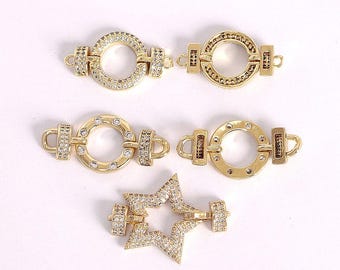2pcs Gold Double Loop Round Clasp,Star Clasp,Bracelet Necklace Connector Clasp,18K Gold Plated Zicon Clasp,Jewelry Supply Findings