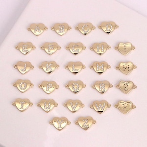 2 peças de conector de letra de coração preenchido com ouro 18K, conector de letra inicial de zircônia, pulseira faça você mesmo, colar, fabricação de joias, suprimentos