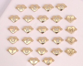 2pcs 18K Gold Filled Heart Letter Connector,Zircon Initial Letter Connector,DIY Bracelet Necklace Jewelry Making Findings Supply