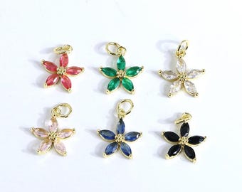 2pcs Gold Plated CZ Flower Charms,Five Petaled Flower Pendant,Jewelry Making Accessories