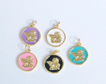 2 stks 18 kt gold filled engel hanger, ronde engel bedel ketting armband, emaille engel bedels, DIY sieraden maken van benodigdheden