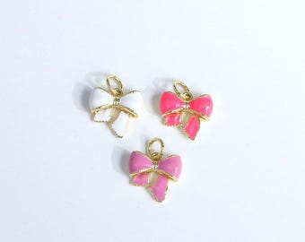 2pcs Gold Bow Charms,18K Gold Filled Bow Pendant,Enamel Bow Tie Charm Bracelet Necklace for DIY Jewelry Making Supply