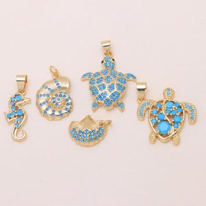 2pcs 18K Gold Plated Ocean Animal Charms, Turquoise CZ Sea Turtle Seahorse Conch Shell Pendant, for DIY Jewelry Making Supply