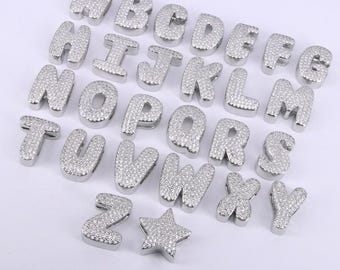 2pcs Silver Color Balloon Alphabet Letter Beads,Big Hole Initial Bead, Cubic Zirconia Bubble Initial Charms,For Bracelet Necklace Making