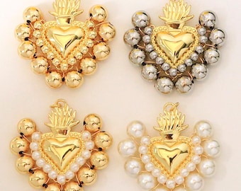 2pcs 18K Gold Plated Large Sacred Heart Pendant,Heart Charm,for Necklace Making, DIY Jewelry Making Supply