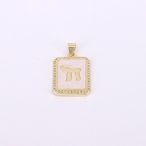 Könnte beinhalten: Goldfarbener Anhänger mit quadratischem Rahmen, mit einem weißen Zentrum mit einem goldfarbenen hebräischen Buchstaben. Der Rahmen ist mit kleinen, klaren Kristallen besetzt. Der Anhänger hat eine Schlaufe für eine Kette.