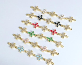 2pcs Cross Connectors,18K Gold Filled Zircon Cross Connector,Enamel Charms,Jewelry Making Supply